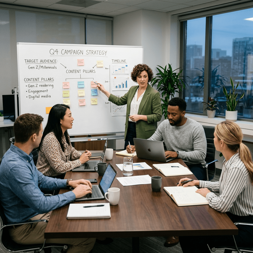 Four colleagues in a meeting room discussing Q4 campaign strategy with presenter pointing at whiteboard
