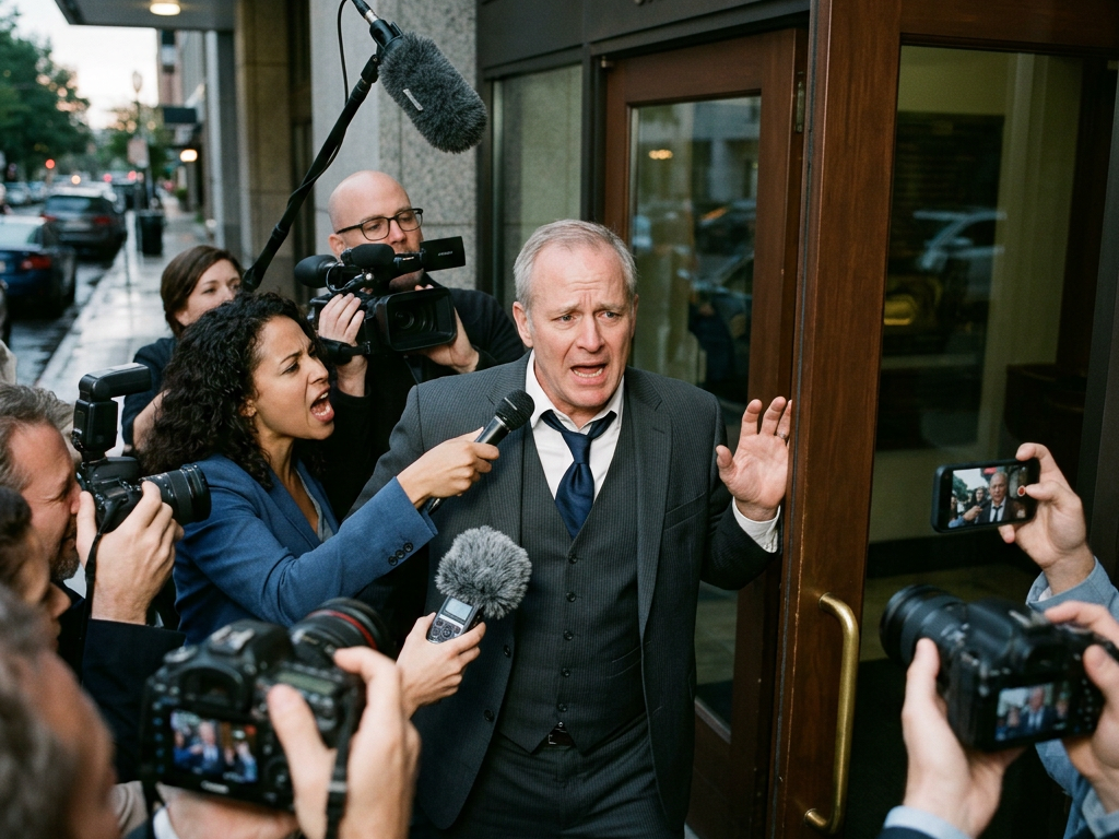An older man in a suit speaking to multiple reporters and cameras outside a city building.