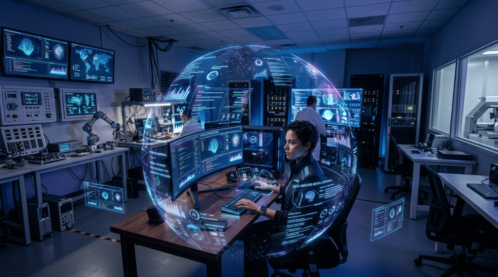 Analyst using computers inside a holographic AI operations center